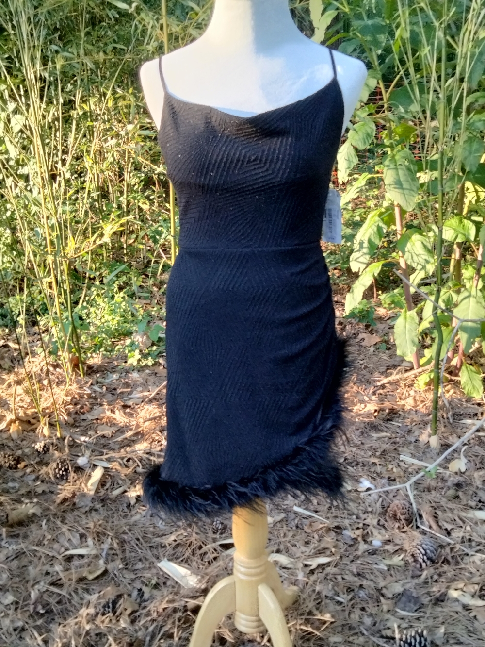 Xtaren Black Ribbed Spaghetti-Strap Midi with Feather Hem
